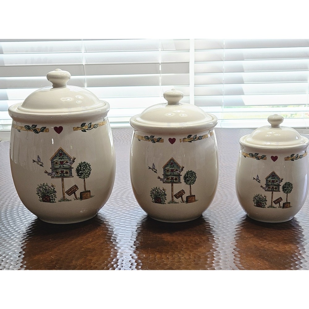Thomson Pottery Birdhouse 3 Sz Canister Set Ceramic Cottagecore Kitchen Storage